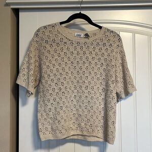 Vintage Lucia Tan Crochet Knit Short Sleeve Relaxed Sweater Boho Prairie Large
